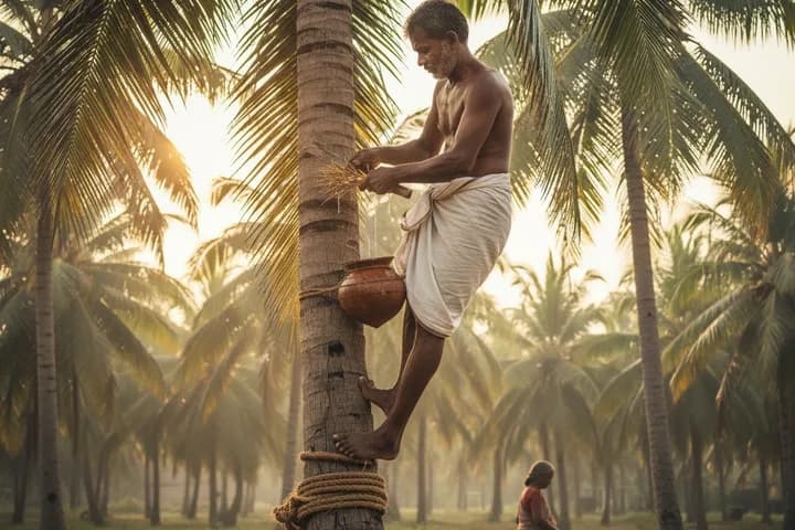 Oorva's illustration of a tapper collecting nectar among the palms