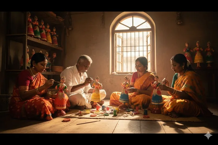 Oorva's illustration of a Thanjavur doll-making workshop
