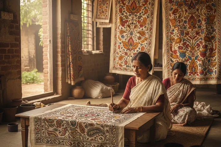 Oorva's illustration of artisans painting Kalamkari textiles