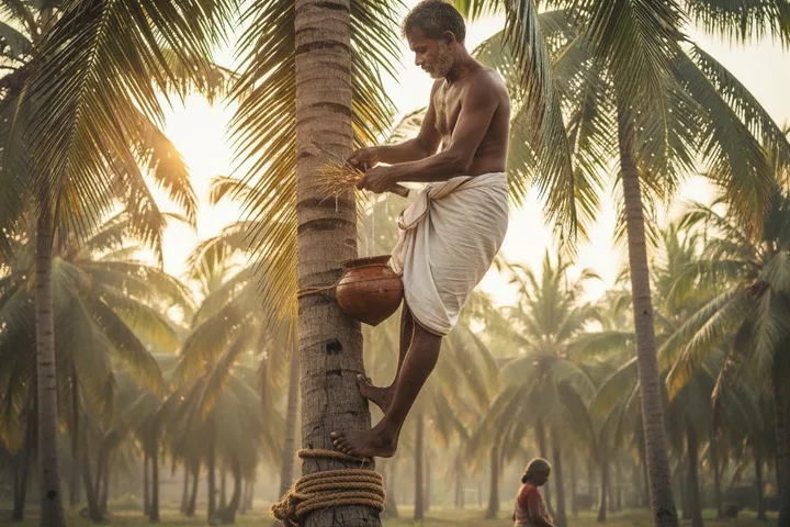 Oorva's illustration of a tapper collecting nectar among the palms
